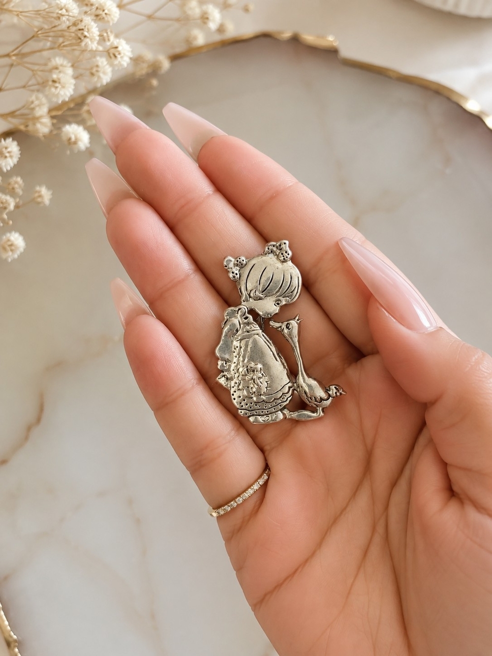 Vintage Precious Moments Sterling Silver Girl & Goose Brooch Pin Mexico 925